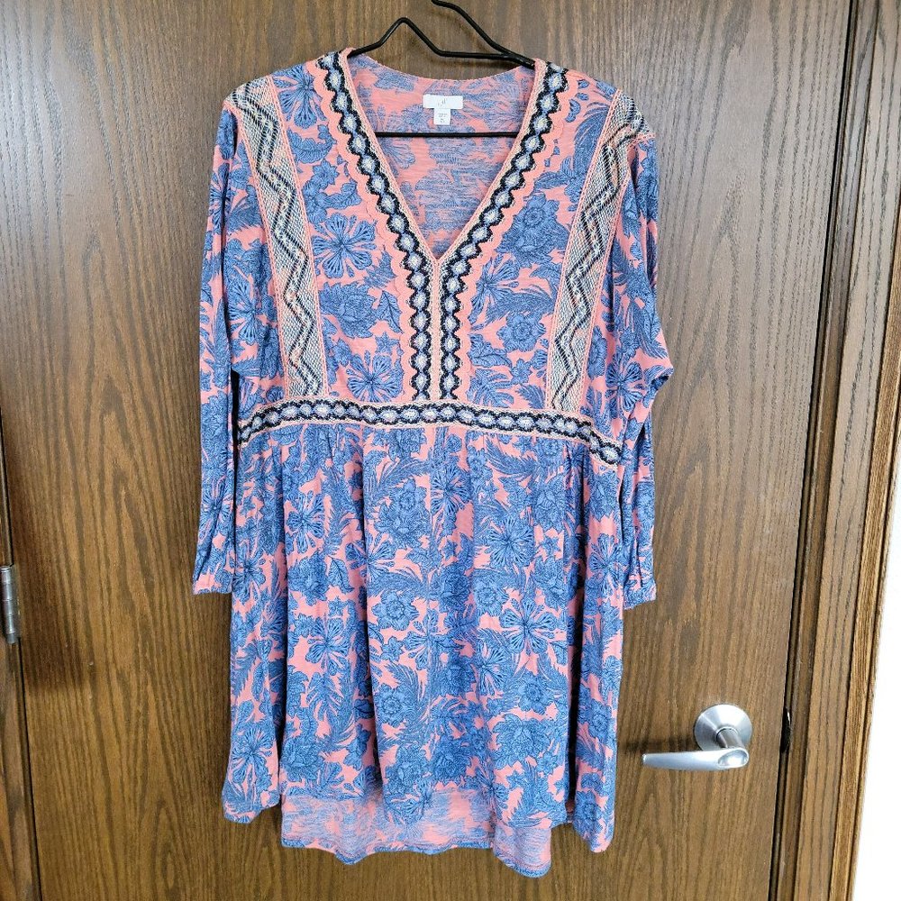 J. Jill Blue and Coral Fall Floral Embroidered Long Sleeve Dress Size Medium